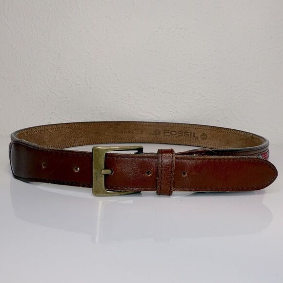 Fossil Patchwork Plaid Leather Belt Brown Brass Buckle Women’s S VGUC - Picture 4 of 9
